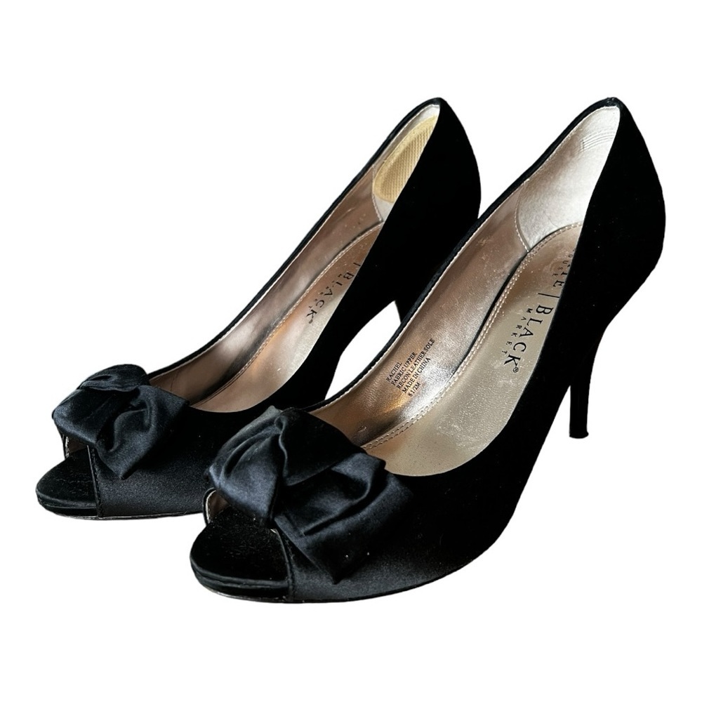White House Black Market Womens Heels 8.5M Black Satin Bow Peep Toe Rachel WHBM